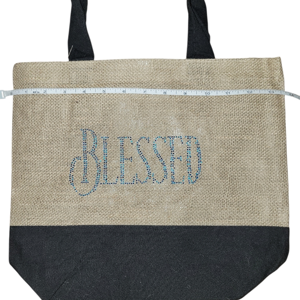 Blessed Burlap Tote Bag with Black Accents 13.5x11.75